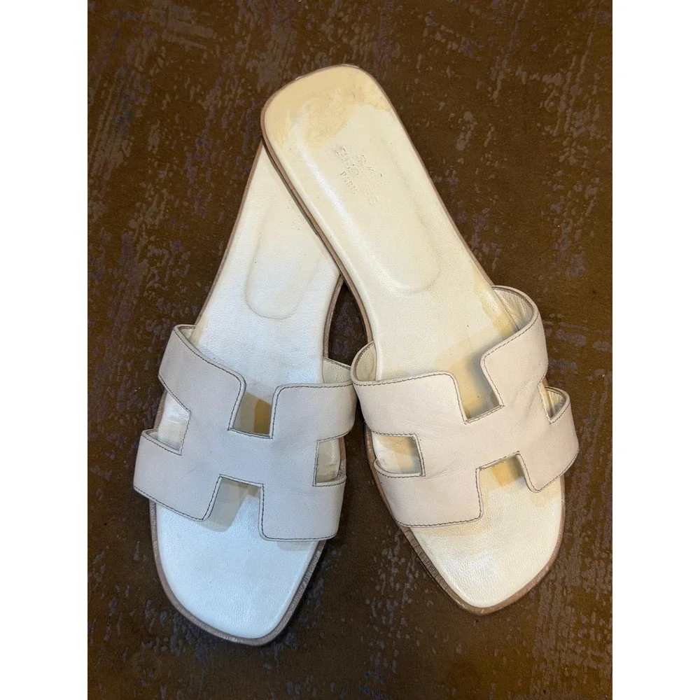 Hermes Oran Sandals Cream Epsom Leather H Cutout Flat Slides 41 Italy